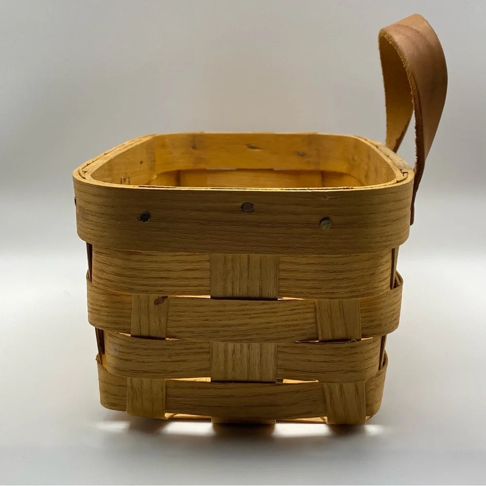 Peterboro Basket Co White Ash Woven Basket w/ Leather Handle 9.25” x 5.75” x 4”